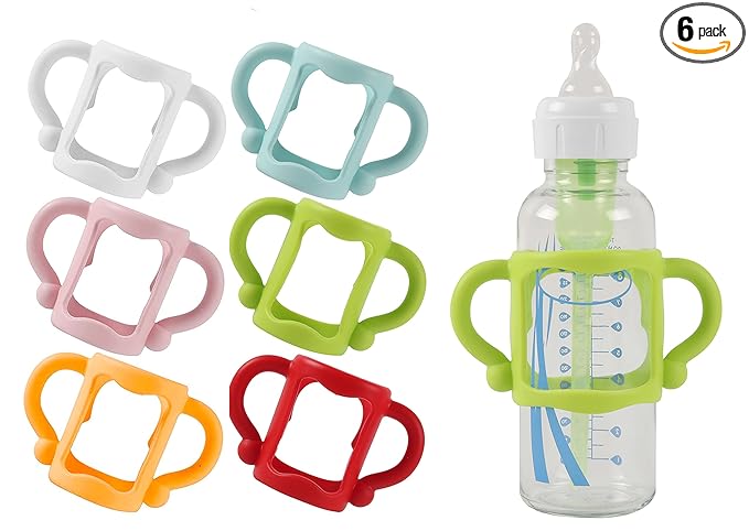 TonGass (6-Pack) Bottle Handles for Dr Brown Baby Bottles with Easy Grip Handles to Hold Their Own Bottle - BPA-Free Soft Silicone (Blue Green Red White Pink Orange, Narrow)