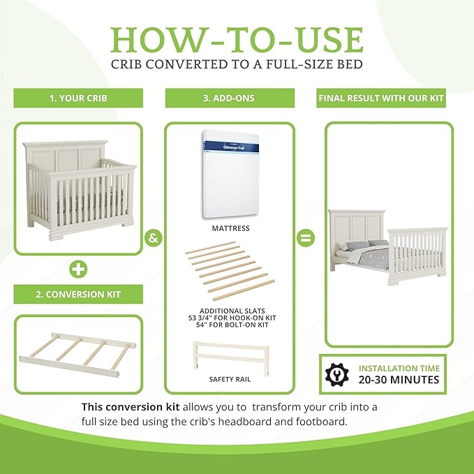 Full-Size Conversion Kit Bed Rails for Oxford, Soho, Ozlo & Avalon Baby Convertible Cribs - Solid Wood - Toddler & Adult Rail for Full-Size Bed - Nursery & Baby Furniture (Heirloom White, Hook-On Kit)
