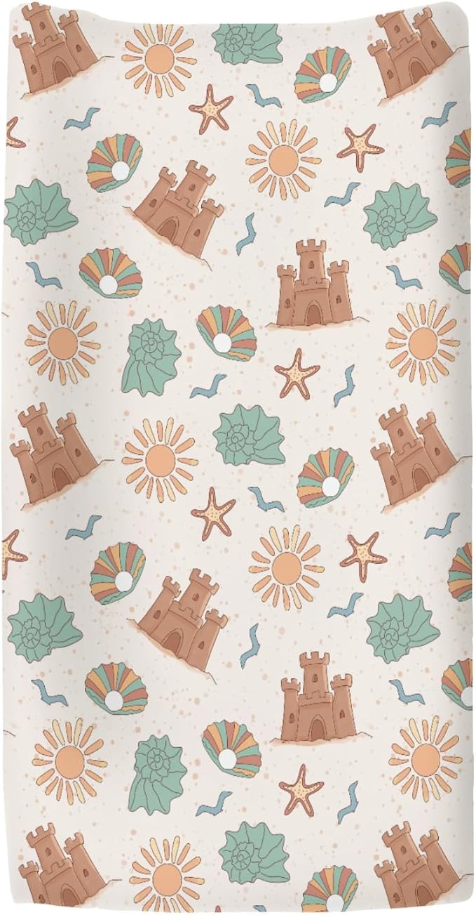 Boho Beach Summer Changing Pad Covers for Baby Girls Boys Retro Seaside Holiday Fitted Change Table Pad Covers Mats Sun Seashells Castle Soft Diaper Changing Pad Sheets for 32''×16'' Contoured Pad