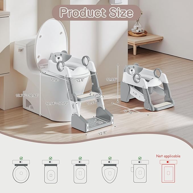 Potty Training Seat,Toddler Toilet Seat for Boys Girls,3-in-1 Potty Training Toilet and Chair with Step Stool Ladder,Anti-Slip Height Adjustable Foldable Splash Guard for Kids (Grey)