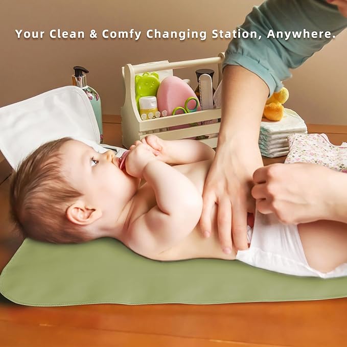Elantrip Changing Pad for Bed - Leather Changing Pad for Baby, Portable Baby Changing Mat Travel, Compact Diaper Change Mat, Fits Diaper Bag Green and Beige
