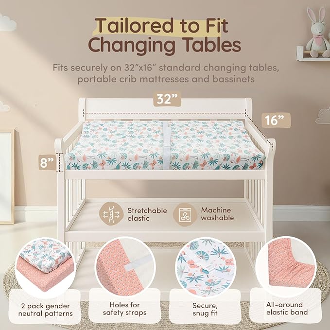 Baby Changing Pad Covers Table Sheet 32"x16", 8"Deep Pocket - Diaper Changing Pad Cover, 100% Cotton Jungle Leaves & Flamingo Sheets 2 Pack, Flamingo Baby Sheets, Designed in France, White-Coral Pink