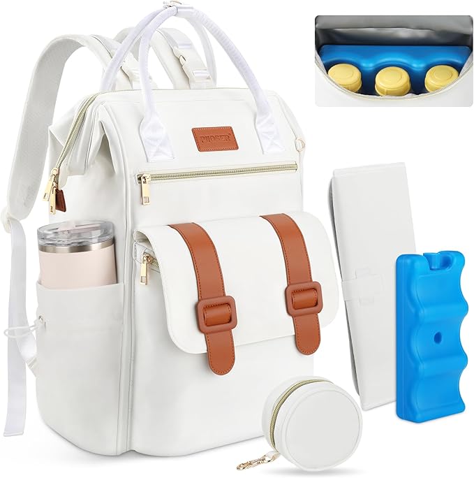PIIOSER Diaper Bag Backpack with Ice Pack, Large Capacity & Waterproof Baby Travel Backpack Bag for Moms Dads, Insulated Baby Cooler Bag with Changing Pad, Stroller Straps & Pacifier Case, Cream