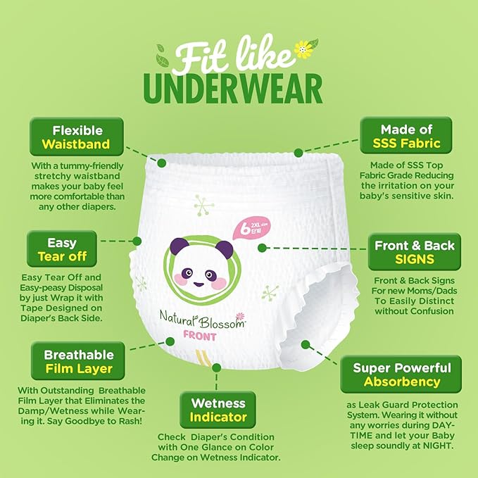 Natural Blossom Pull-On Baby Diapers | Ultra-Slim, Hypoallergenic, Super Soft, Vegan | Size 6 (4T-5T, 33 lbs+) | 80 Count