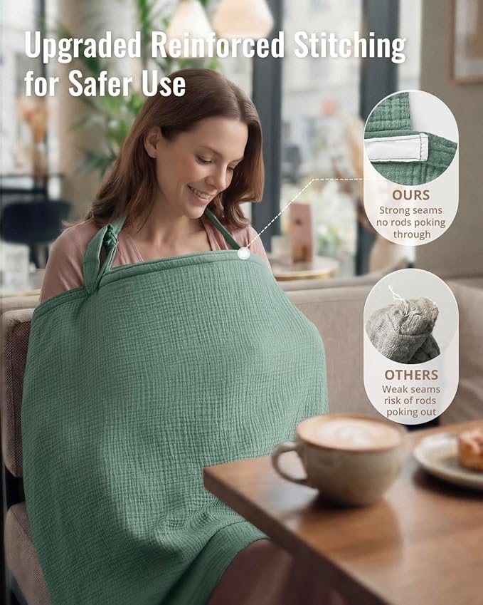 Blissful Diary Muslin Nursing Cover for Breastfeeding, Breathable Breastfeeding Cover up with Arch Neckline for Women, Nursing Apron (Roman Green)