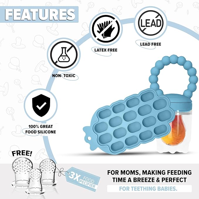 O’doe Baby Popsicle Molds Teething Set (18-Hole) - Fruit Pacifier Feeder with 1 Clip, 1-Pack Freezer Tray with Lid and 6 Extra Pacifiers, Teething Popsicle Mold BPA-Free