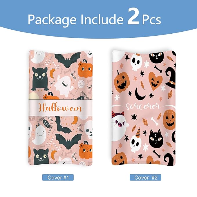 KAINSY Personalized Halloween Pumpkin Print Changing Pad Cover, Custom Diaper Change Table Sheets with Name, Pink Ghost Soft Jersey Knit Change Table Sheets, 2 Pack Changing Pad Covers (16" x 32")