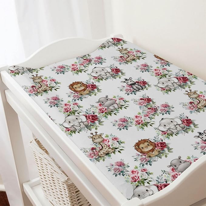 Baby Safari Animals Boho Floral Changing Pad Covers Lion Elephant Giraffe Zebra Hippo Roses Diaper Change Table Pad Covers for Girl Boy Soft Breathable Stretch Changing Mat Sheets 32''x16''