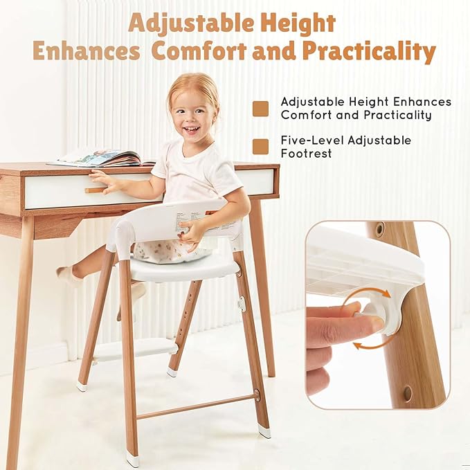 Baby High Chair Foldable, Adjustable High Chairs for Babies and Toddlers, Portable Highchair for Baby Chair with Removable Tray Dishwasher-Safe 6 Months up to 240 Lb.White