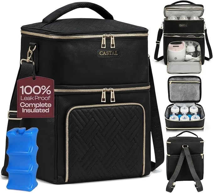 Castal Breast Pump Bag Spectra S1 S2–Insulated Spectra Pump Bag, Breastmilk Cooler Bag with Ice Pack–Leak-Proof Double Layer Breast Pump Travel Bag (Black)