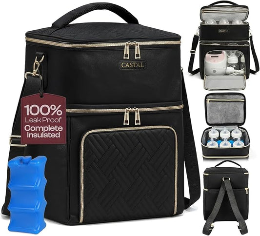 Castal Breast Pump Bag Spectra S1 S2–Insulated Spectra Pump Bag, Breastmilk Cooler Bag with Ice Pack–Leak-Proof Double Layer Breast Pump Travel Bag (Black)