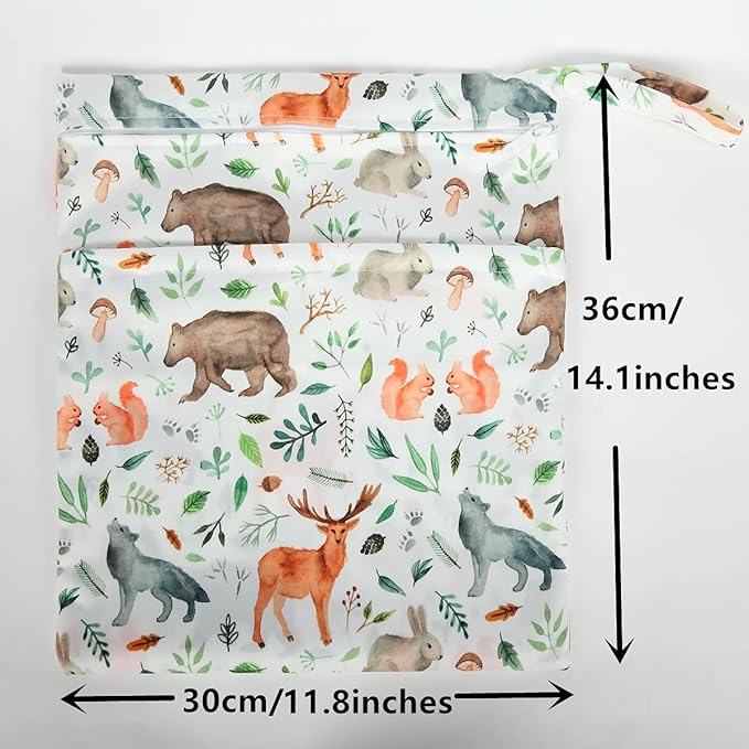 Wet Bag Baby Cloth Diaper Nappy Bag Reusable Washable With Two Zippered Pockets (Fox Hedgehog)