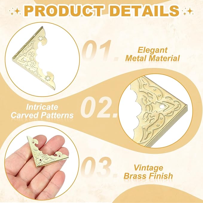 uxcell 4Pcs Decorative Metal Corner Protectors 1.6 x 1.6 x 0.15 Inch Vintage Edge Safety Guard with Mounting Nails Box Edge Guard Retro for Cabinets Furniture (Brass Yellow)