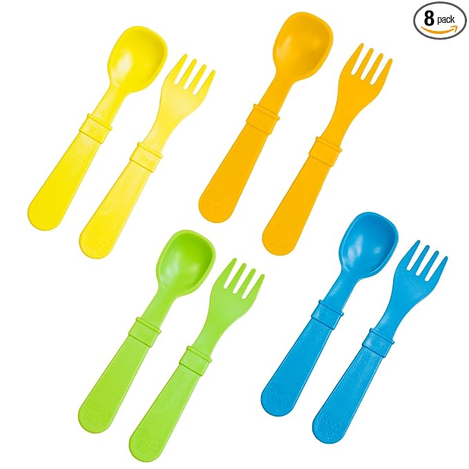 Re-Play Toddler Forks and Spoons Set - 4x4 Utensils Set for Kids - Dishwasher and Microwave Safe - Made in USA - Set of 8-5.8" x 1.2" x 0.2" - Spring