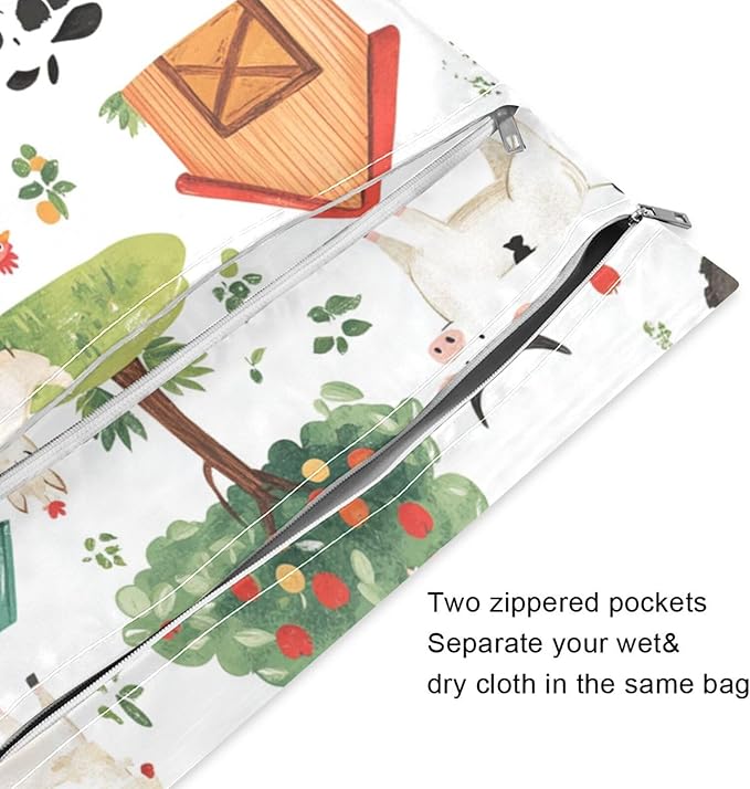 Kigai Farm Animals Wet Bag with Zippered Pockets 2pcs Waterproof Reusable Wet Dry Bag for Cloth Diaper, Baby Items, Swimsuit & Travel
