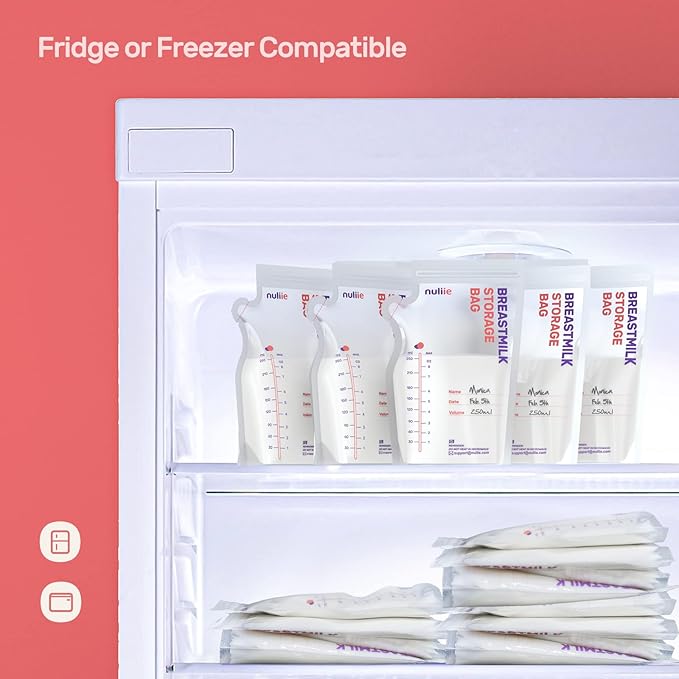 Nuliie 120 Pcs Breastmilk Storage Bags Freezer, 8 OZ Breast Milk Storing Bags, BPA-Free, Milk Storage Bags with Pour Spout for Breastfeeding, Self-Standing Bag, Space Saving Flat Profile