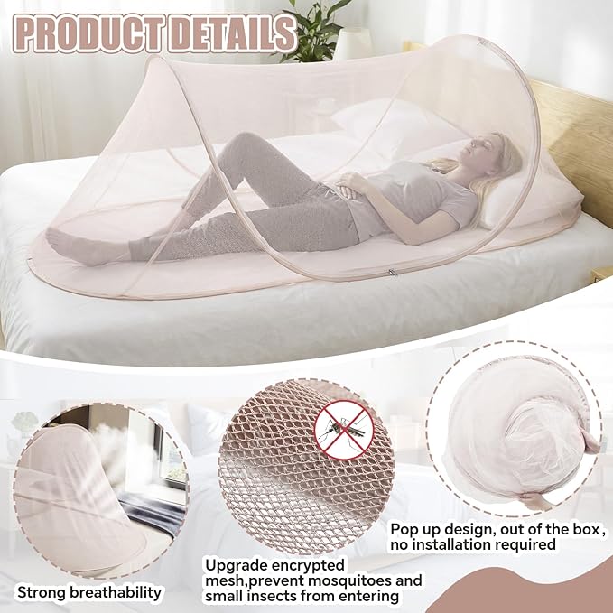 2 Pcs Large Pop up Mosquito Tent Portable Foldable Mosquito Bug Net for Bed Camping Travel Patio Outdoor 78 * 31 * 22 Inch Bug Netting Mesh Tent Canopy for Adults Bedroom, Brown