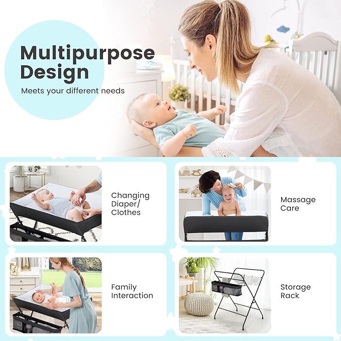 HONEY JOY Changing Table, Folding Nursery Organizer with Open Shelf & Safety Belt, Portable Diaper Changing Station for Newborn (Black, Basic)
