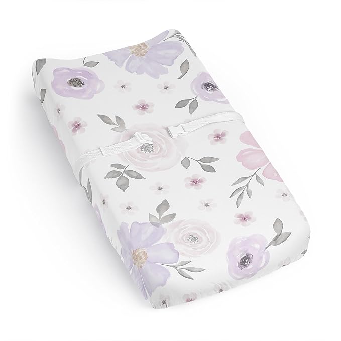 Sweet Jojo Designs Lavender Purple Boho Floral Girl Baby Changing Pad Cover Sheet Infant Newborn Diaper Change Mat Cover Pink Grey Bohemian Farmhouse Shabby Chic Rose Lily Watercolor Flower Elegant
