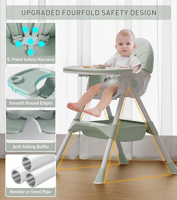 Baby High Chair, 5 in 1 High Chairs for Babies and Toddlers, Travel Foldable High Chair with Detachable PU Cushion, Double Removable Tray, Adjustable Height & Recline, Locking Wheels (Turquoise)