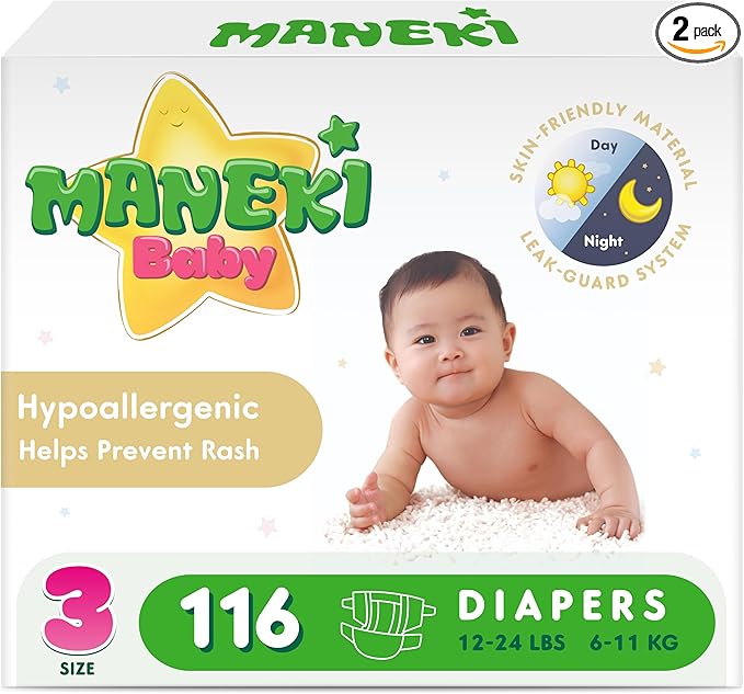 MANEKI Size 3 Diapers, Highly Absorbent & Breathable Baby Diapers, Size 3 (12–24 lbs), 116 Count, Hypoallergenic & Fragrance-Free, Day & Night Protection for Sensitive Skin, Packaging May Vary