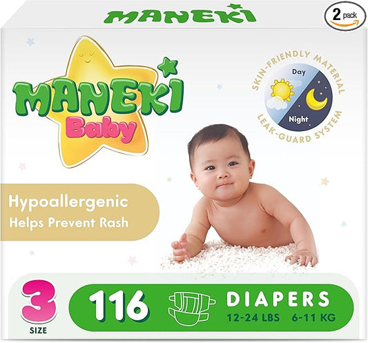 MANEKI Size 3 Diapers, Highly Absorbent & Breathable Baby Diapers, Size 3 (12–24 lbs), 116 Count, Hypoallergenic & Fragrance-Free, Day & Night Protection for Sensitive Skin, Packaging May Vary
