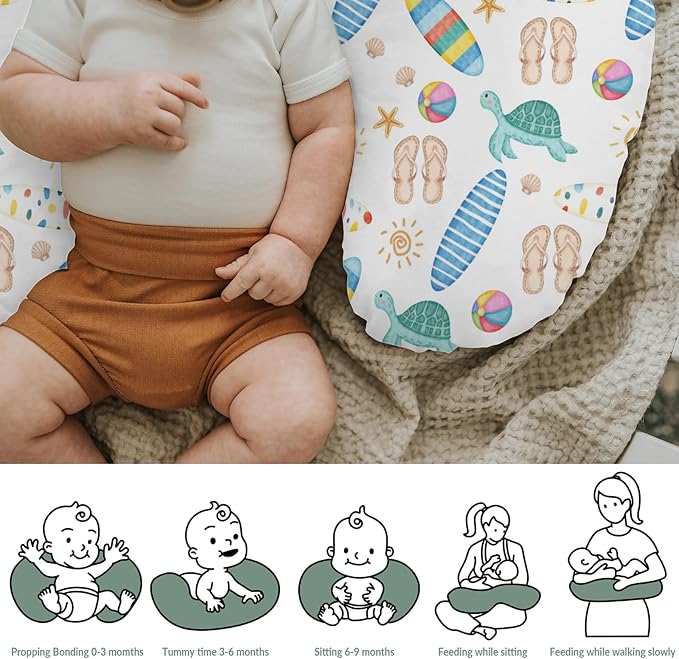 Boho Surf Summer Baby Nursing Pillow Covers for Boy Girl Colorful Surfboards Sun Starfish Conch Turtle Nursing Pillowcase for Breastfeeding Pillows Tropical Beach Soft Stretchy Slipcovers for Newborn