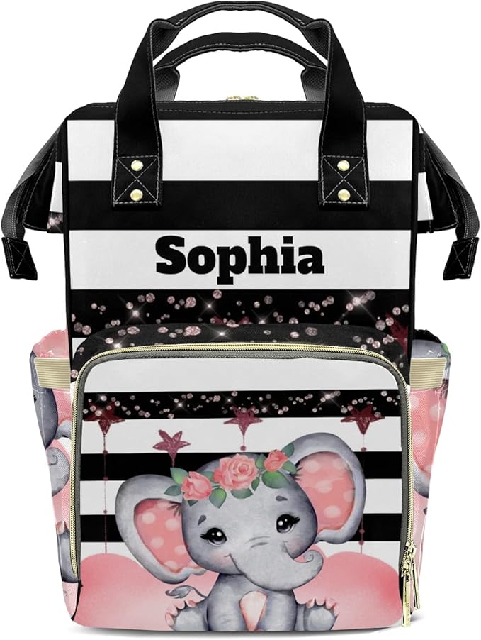 Elephant Cute Diaper Backpack with Name Custom Backpack Mommy Nappy Baby Bag Waterproof Casual Travel Daypack Tote Bag for Mom Dad 10.8"x7.8"x15.7"
