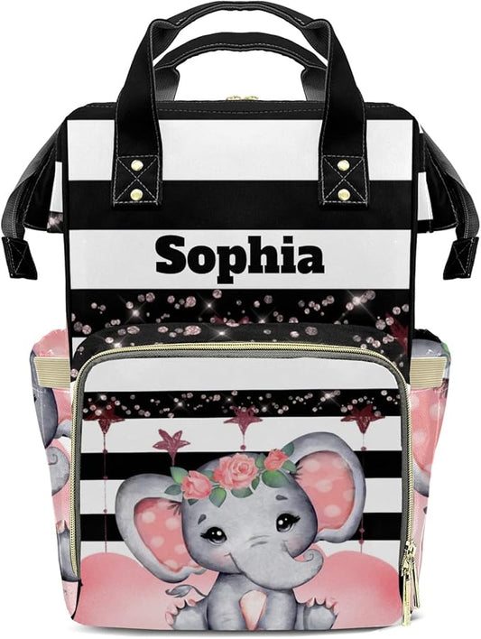 Elephant Cute Diaper Backpack with Name Custom Backpack Mommy Nappy Baby Bag Waterproof Casual Travel Daypack Tote Bag for Mom Dad 10.8"x7.8"x15.7"