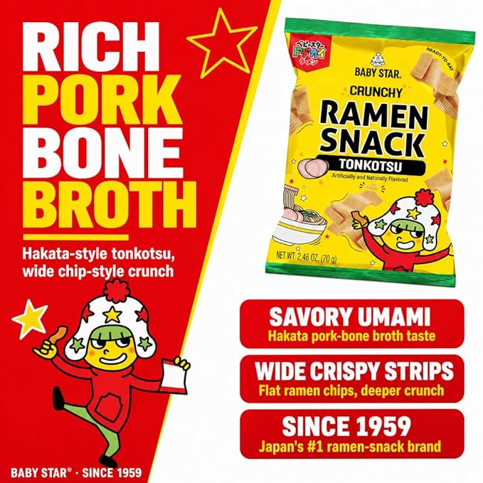 Baby Star Crunchy Ramen Snack Wide Tonkotsu flavor 2.46oz | Delicious Dry Ramen Snack Packs…