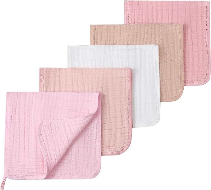 Muslin Burp Cloths 5 Pack Large 20x12 inches Baby Burping Cloths, 6-Layer 100% Cotton for Newborn Boys Girls, Ultra Soft & Absorbent (White & Pink)