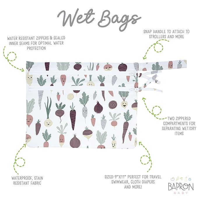 BapronBaby Root Veggies Wet Dry Bag - Waterproof Two Zipper Pockets - Reusable for Mealtime, Diapers, Stroller, Snacks, Swimsuits - Machine Washable - 11" x 9"