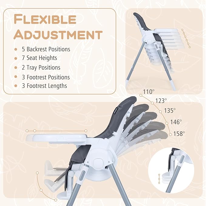 BABY JOY Foldable High Chair, Portable Highchairs for Babies and Toddlers with 7 Heights, 5 Recline Positions, Adjustable Foot Rest, Double Removable Tray & Built-in Wheels (Dark Gray)