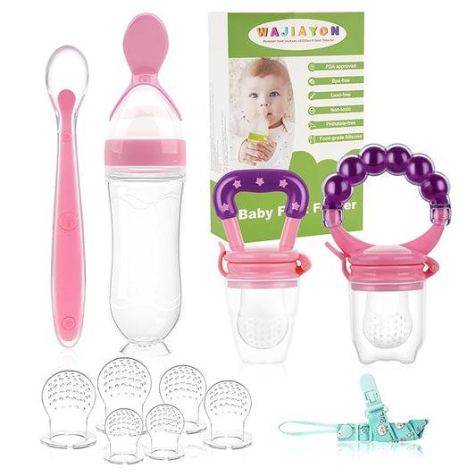 Baby Fruit Feeder Pacifier - 12 Pack | 2 Infant Food Feeder Pacifier & 1 Baby Food Dispensing Spoon | Fresh Fruit Teethers for Babies | Silicone Feeder Babies,Infant Teething Feeders (Pink)
