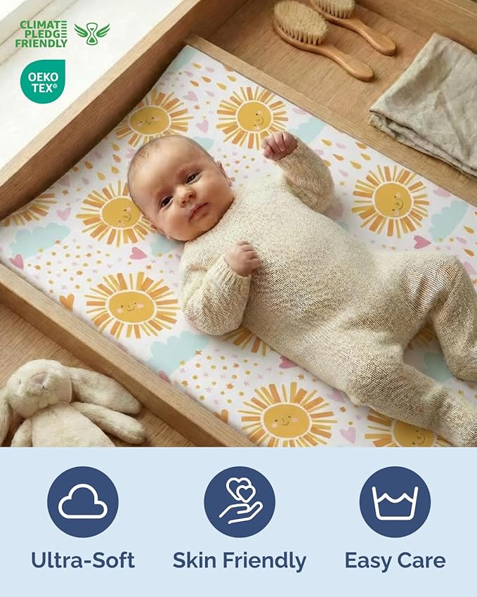Changing Pad Cover - Pack of 2 Soft Unisex Diaper Change Microfiber Table Sheets - Fits 32"x16" Contoured Pad - Changing Pad Cover for Baby Boys & Girls - Snug, Machine Washable - Oeko-Tex, Sunny Drop
