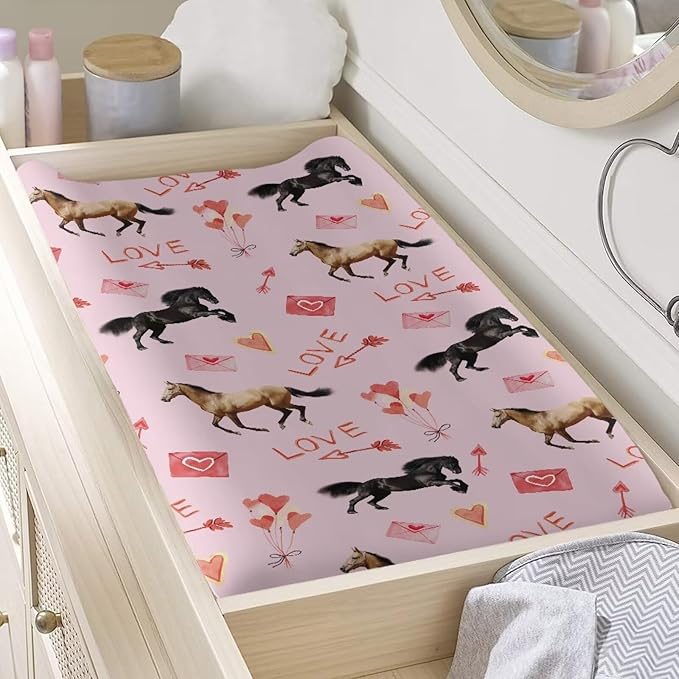 Horse Valentine Changing Table Cover Washable Breathable Changing Pad Cover Waterproof Nursery Pad Change Cover Valentine Decor Comfy Cozy Cradle Sheets