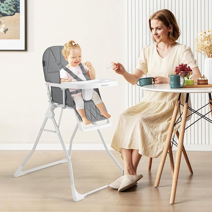 BABY JOY Foldable High Chair, Portable Highchairs for Babies and Toddlers with 3-Position Adjustable Tray & Footrest, Removable Seat Cushion, 5-Point Safety Harness, Space Saving Design (Gray)