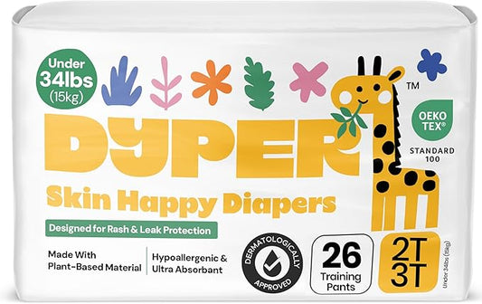 DYPER Toddler Potty Training Pants Girls & Boys, Honest Ingredients, Day & Overnight, Made with Plant-Based* Materials, Hypoallergenic for Sensitive Skin, Unscented (2T-3T (26 Pants))