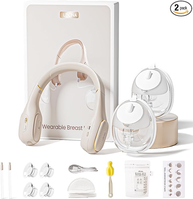Neck Breast Pump Hands Free, Wearable Breastfeeding Pump with Hospital-Grade Suction, 4 Modes & 9 Levels, Portable Electric Ultra-Light Double Milk Pump with Voice Function, 28mm Flange, 2-Pack