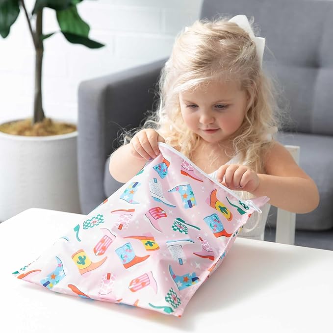Bumkins - Waterproof Wet Bag & Wet/Dry Clutch Bags - For Beach, Baby, Travel, Swim Suit, Cloth Diapers, Pump Parts, Pool, Gym, Toiletries - Reusable & Easy to Clean - Cowgirl Boots - 2 Pack