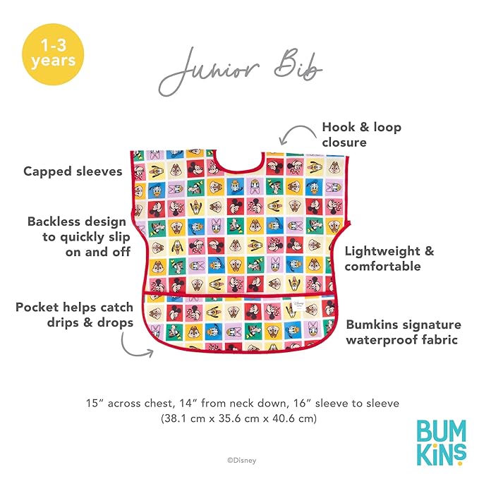 Bumkins Bibs for Girl or Boy, Baby, Toddler and Kids, Essential Must Have for Mess Free Eating, Short Sleeve, Disney Mickey & Friends MVP, 2-pack