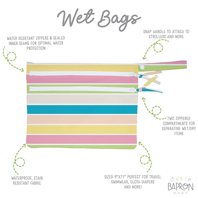 BapronBaby Rainbow Stripes Wet Dry Bag - Waterproof Two Zipper Pockets - Reusable for Mealtime, Diapers, Stroller, Snacks, Swimsuits - Machine Washable - 11" x 9"