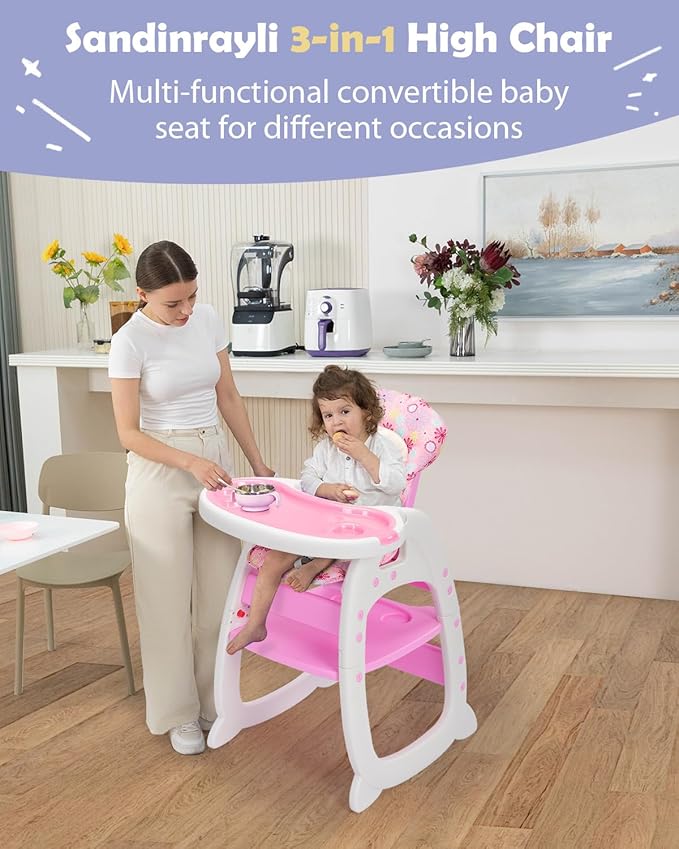 High Chair, Convertible Highchairs for Babies and Toddlers, Easy Clean Baby High Chair, 3 in 1 Feeding Chair for Eating, Adjustable Infant Chair for Toddlers 1-3, Baby Food Chair, Pink