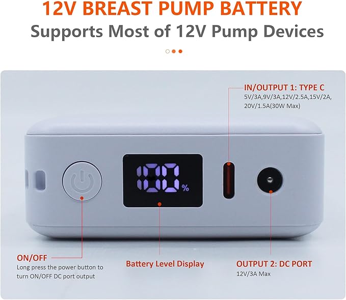 12v Portable Breast Pump Battery and Charger for Medela Sonata,Freestyle,Spectra S1 S2 9Plus and Lactina Hygeia EnJoye (White, 20000mAh)