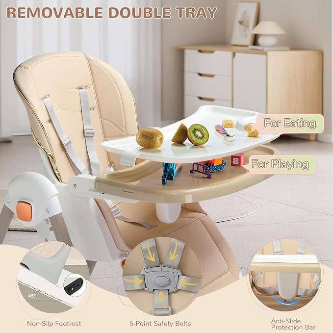 Ktaxon Folding Baby High Chair, Adjustable Height Highchair with Backrest, Dual-Layer Tray and 5-Point Safety Harness for Toddlers & Babies, Beige