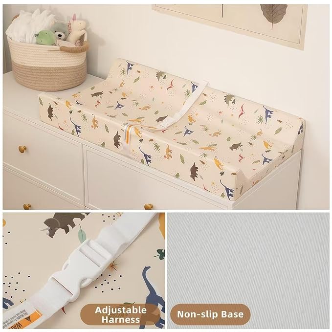 Baby Changing Pad Diaper Changing Pads for Babies Non-Slip Wipeable Changing Mat for Dresser and Table PU Cover with Cute Animal Patterns (Sandy Dino)