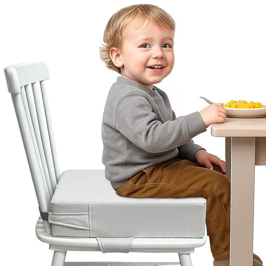 Toddler Booster Seat for Dining Table – PU Washable Cushion with Double Safe Straps, Non-Slip Bottom, Portable Travel Booster Seat for Toddlers (Grey)