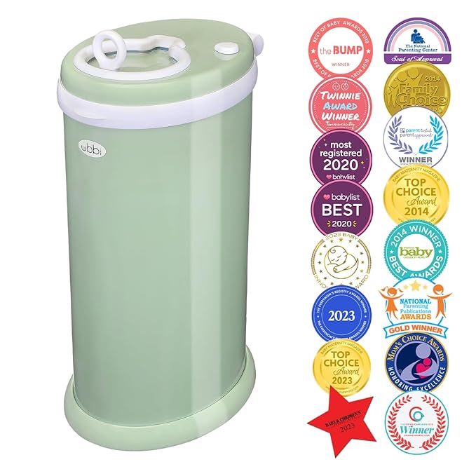 Ubbi Steel Diaper Pail & On-The-Go Diaper Bag Dispenser for Travel with Lavender-Scented Bags Baby Registry Must-Have Bundle, Sage Green
