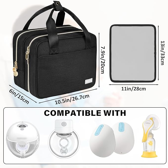 Wearable Breast Pump Bag with Cooler Compartment Compatible with Momcozy M5/S12 Pro, Elvie & Medela Pump in Style, Carrying Case with a Ice Pack & Waterproof Mat for Breast Pump and Accessories, Black