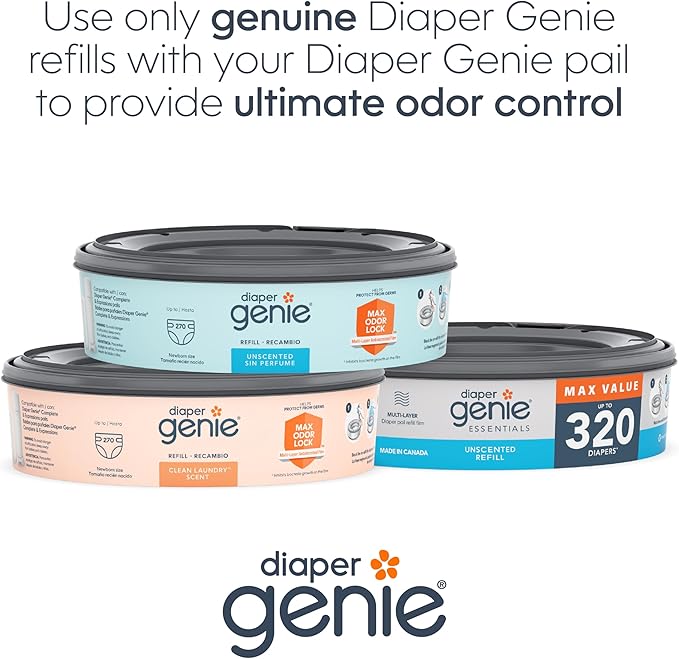 Diaper Genie Essentials Round Refill 8-Pack | Holds Up to 2560 Newborn Diapers | Features Unscented Continuous Film | Compatible with Diaper Genie Complete and Expressions Pails,8 Count (Pack of 1)